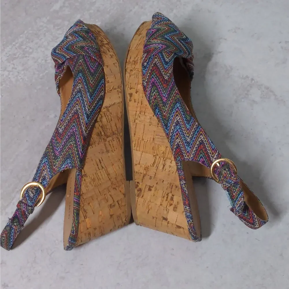 Nine West Abbeol 1 Wedges Multicolor Woven Slingback Knotted Peep Toe - Size 7M
